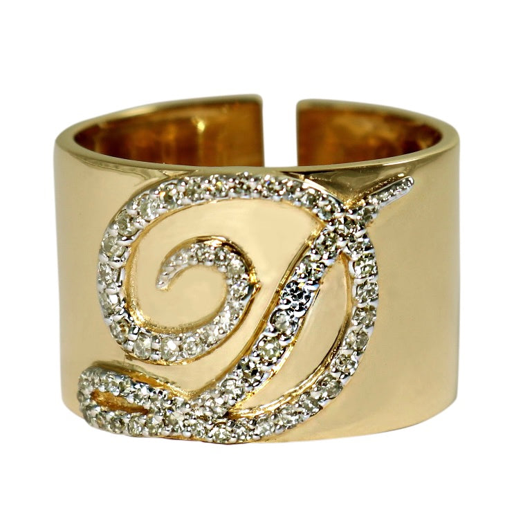 14KT Gold Diamond Initial Cigar Band Ring, Custom