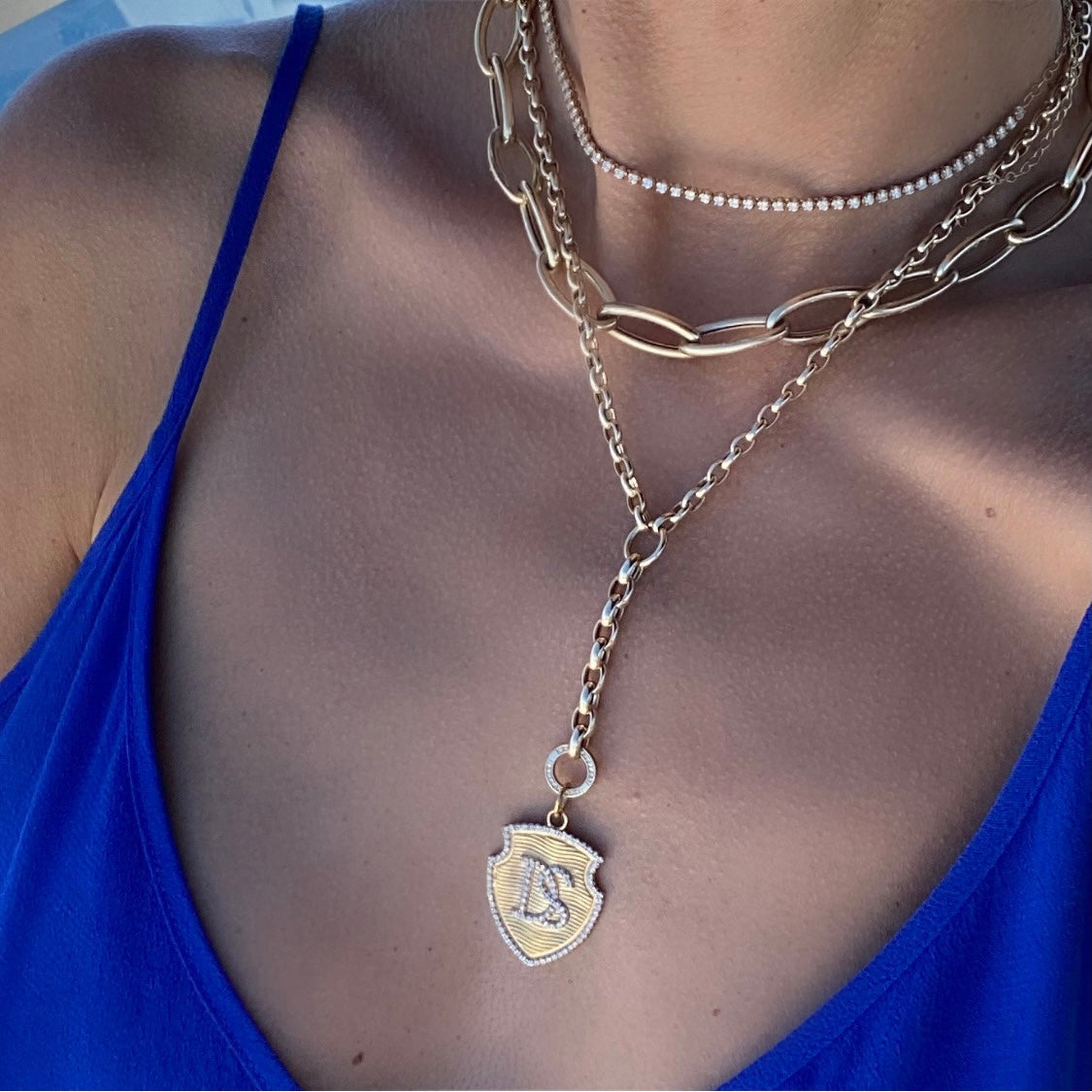 14KT Gold Diamond Bespoke Large Initial Shield Pendant Charm