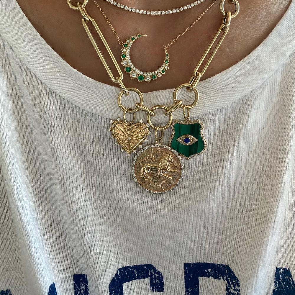 14KT Gold Diamond Emerald Demi Crescent Moon Necklace
