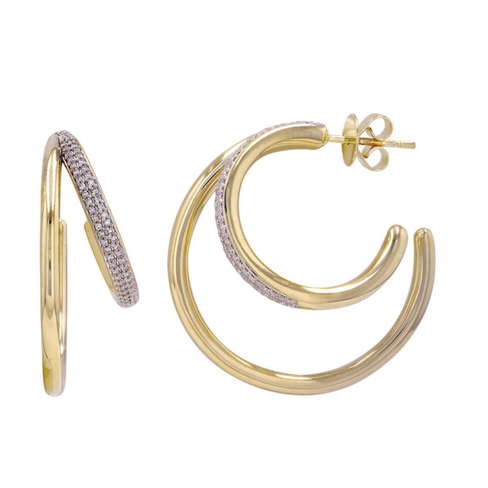 14KT Gold Diamond Double Line Open Hoop Earrings