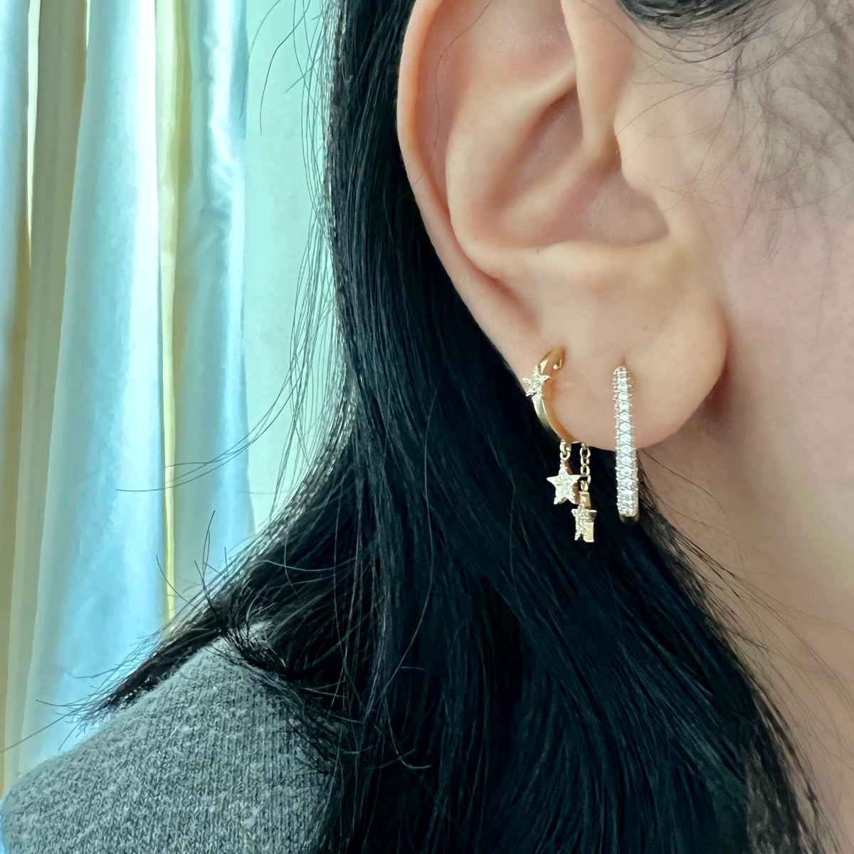 14KT Gold Diamond Star Drop Huggie Earrings