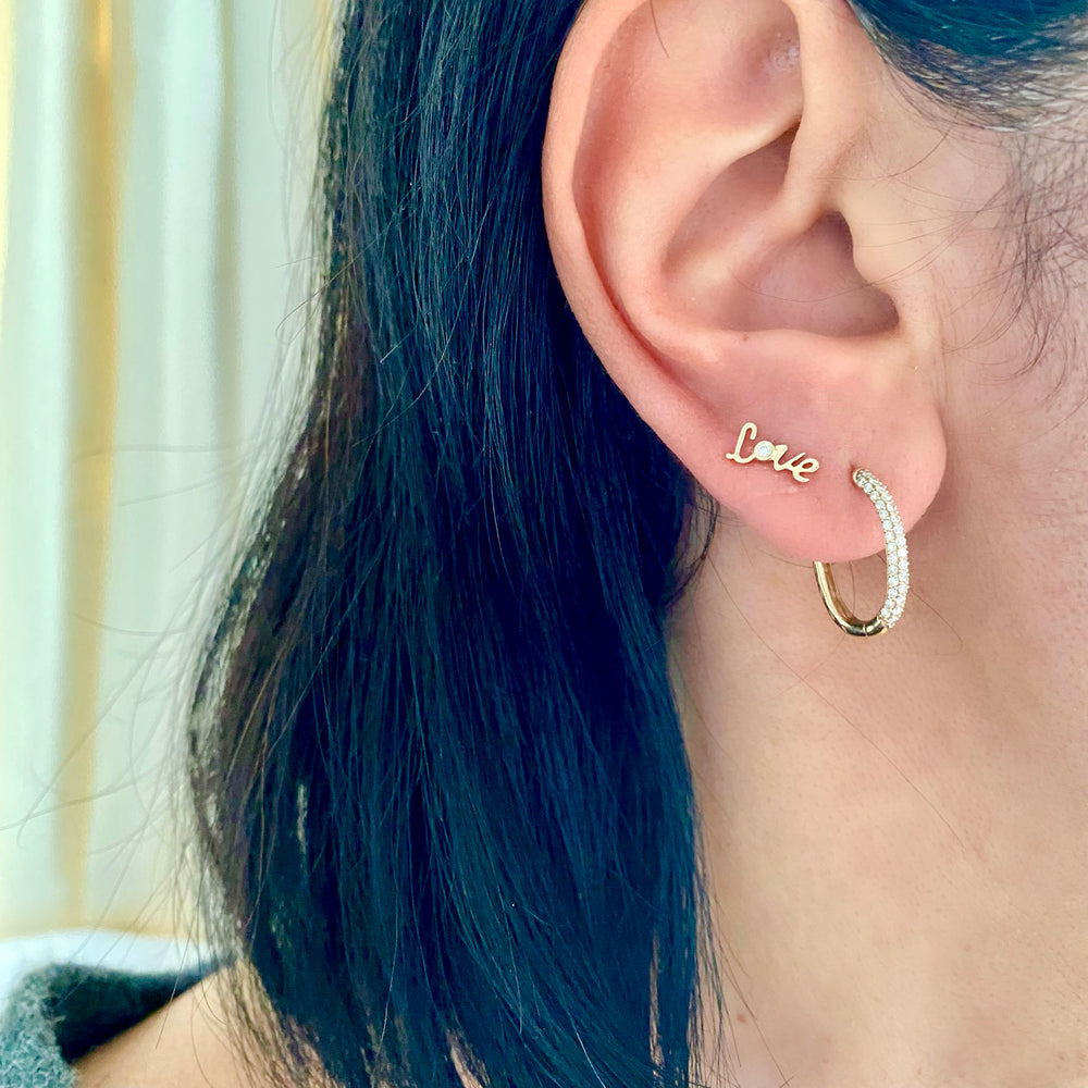 14KT Gold Diamond Tiny Script Love Stud Earrings