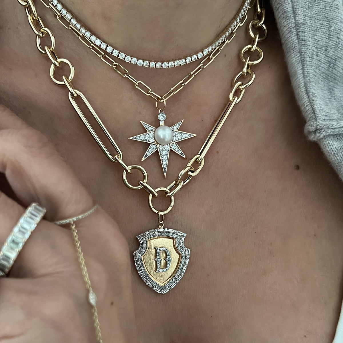 14KT Gold Pave and Baguette Diamond Bespoke Initial Shield Pendant Charm