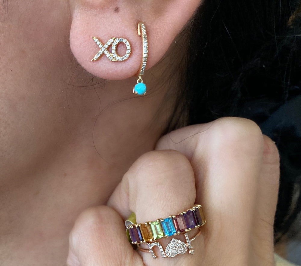 14KT Gold Diamond Turquoise Drop Huggie Earrings