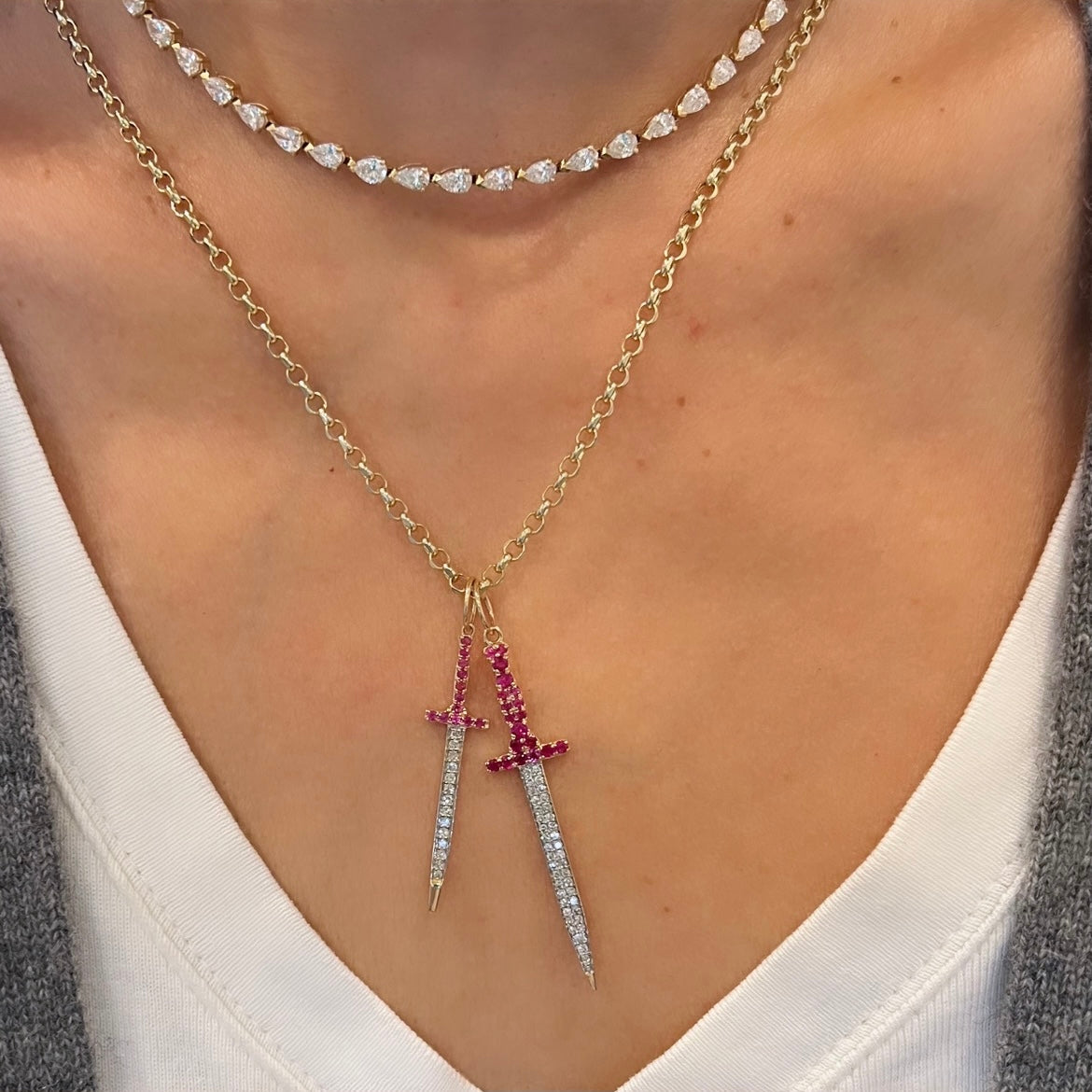 14KT Gold Diamond Emerald or Ruby Protection Sword Pendant Charm