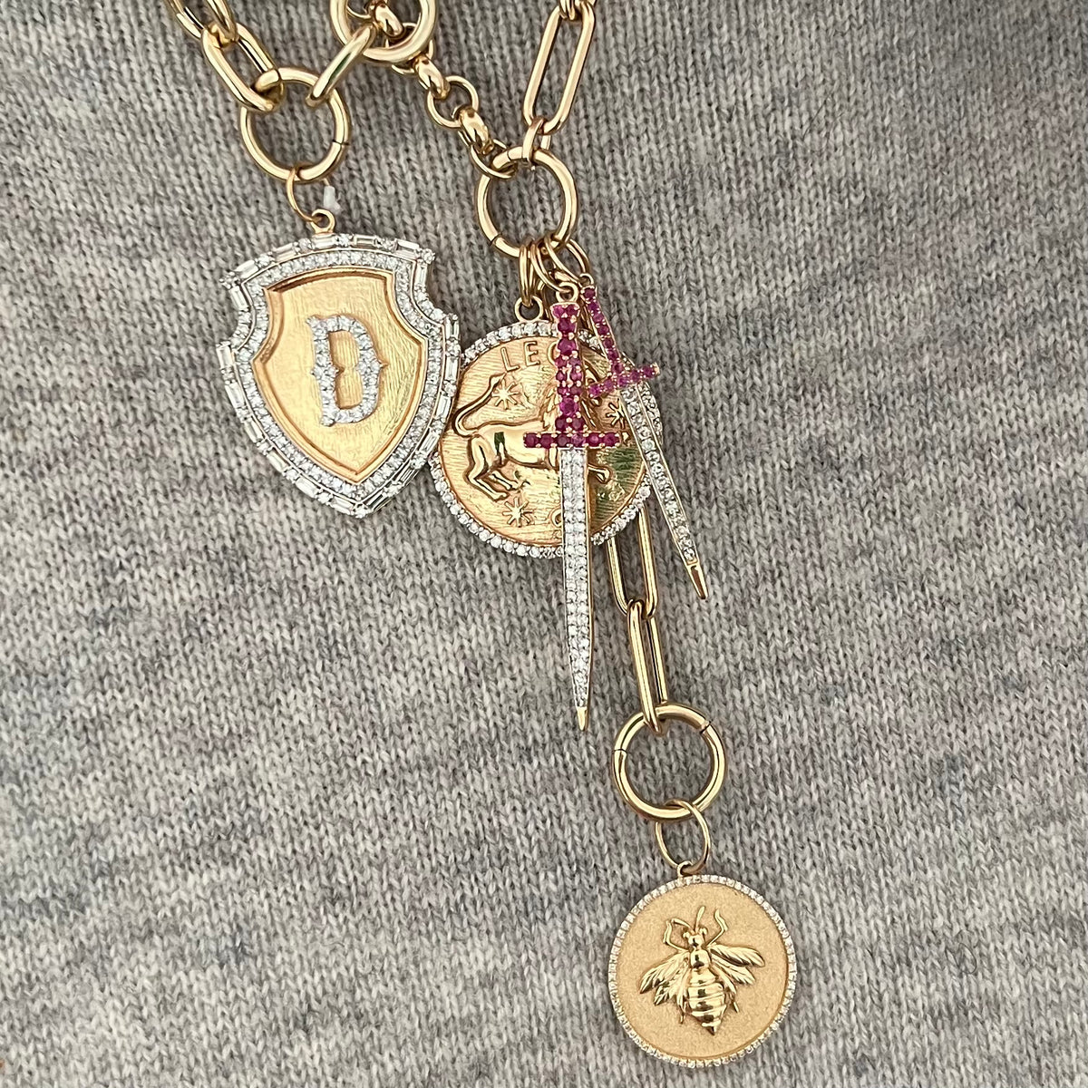 14KT Gold Diamond Emerald or Ruby Protection Sword Pendant Charm