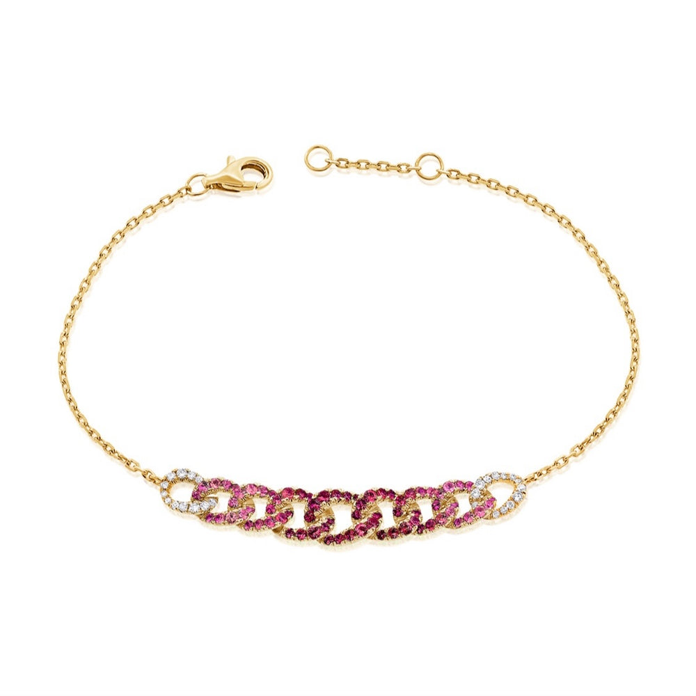 14KT Gold Pink Sapphire Diamond Link on Chain Bracelet