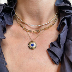 
                
                    Load image into Gallery viewer, 14KT Gold Diamond Evil Eye Disk Necklace
                
            