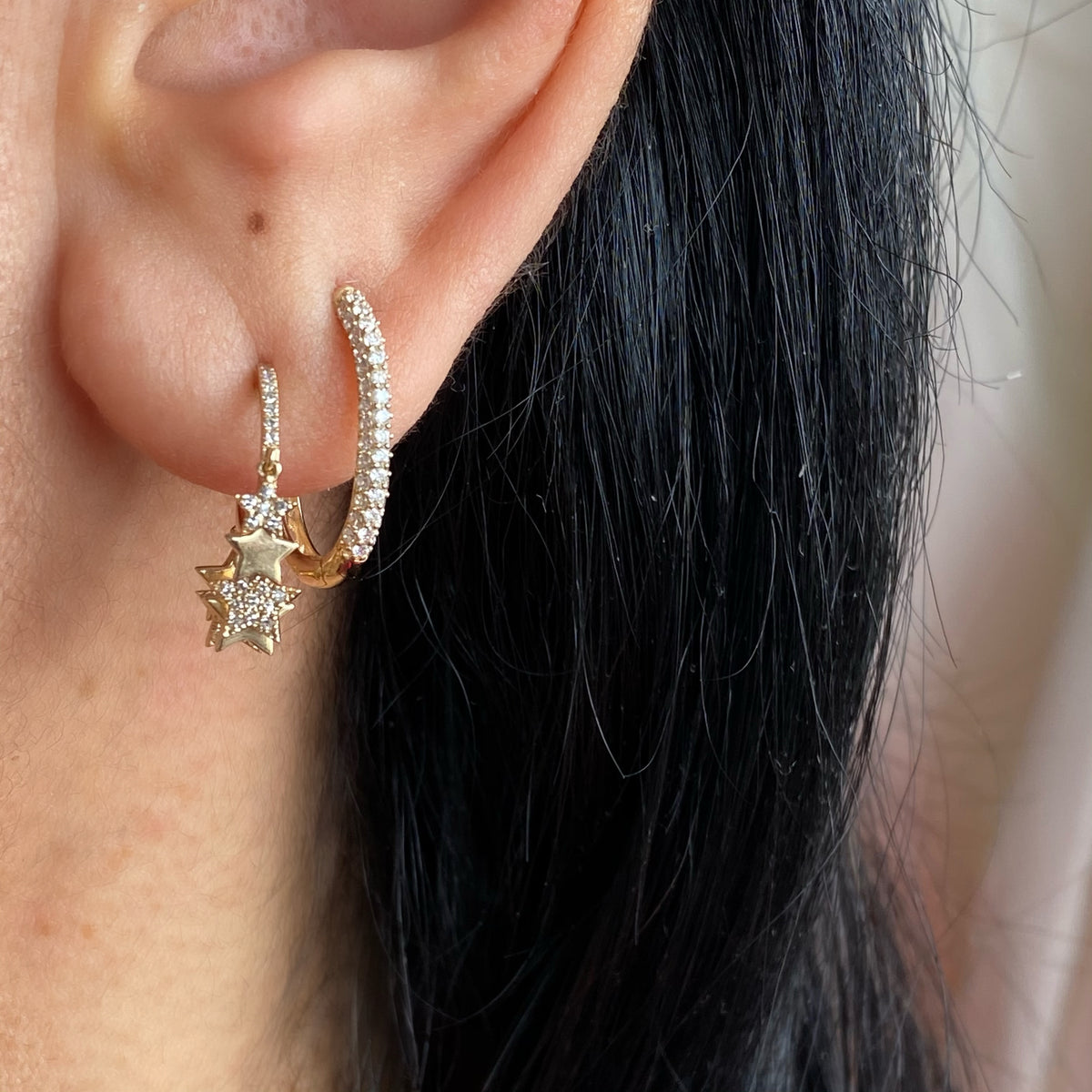 14KT Gold Diamond Multiple Star Huggie Earrings