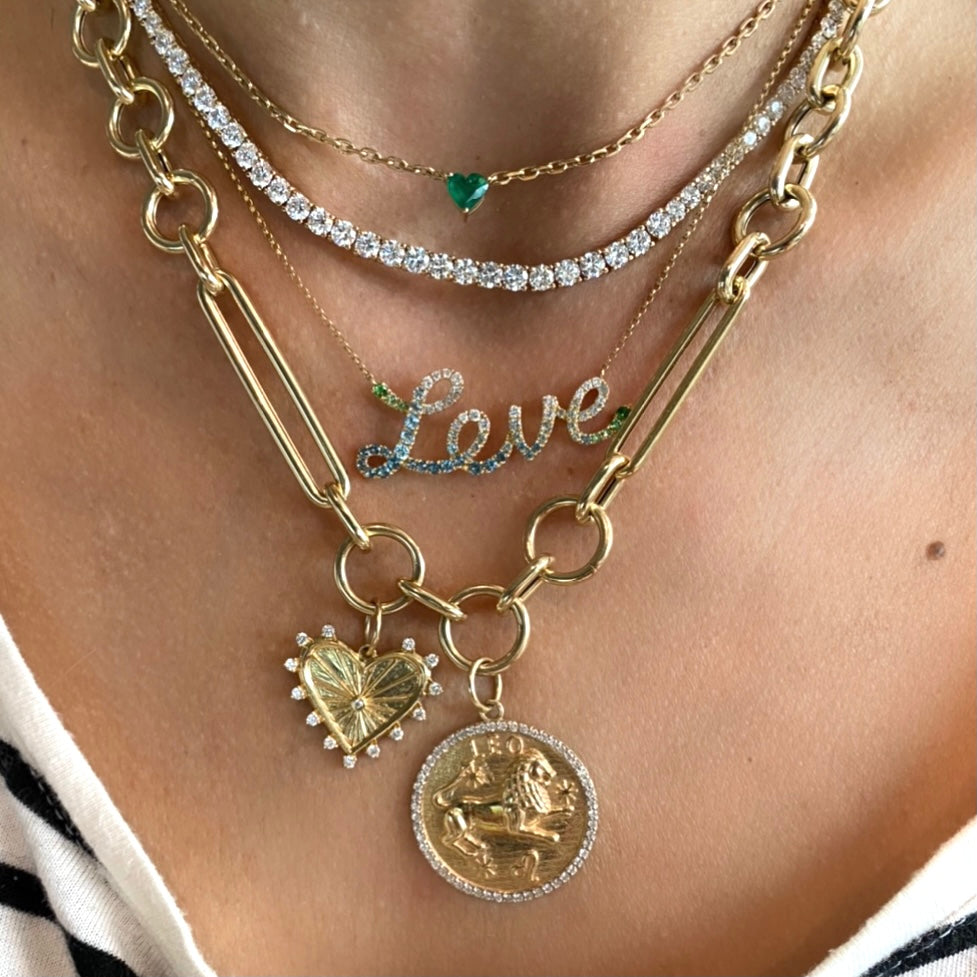 14KT Gold Diamond Sapphires LOVE Necklace