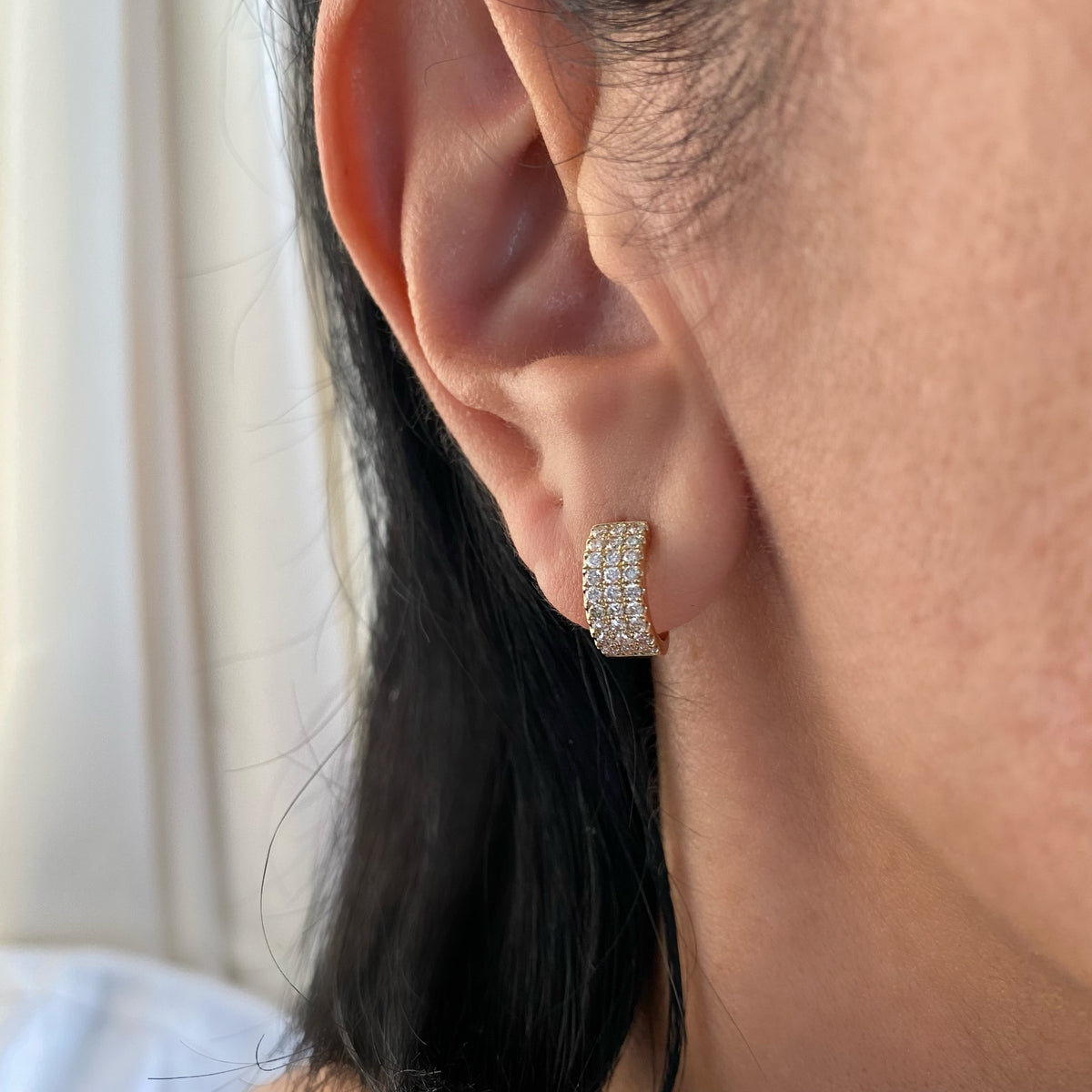 14KT Gold Three Row Diamond  Huggie Earrings