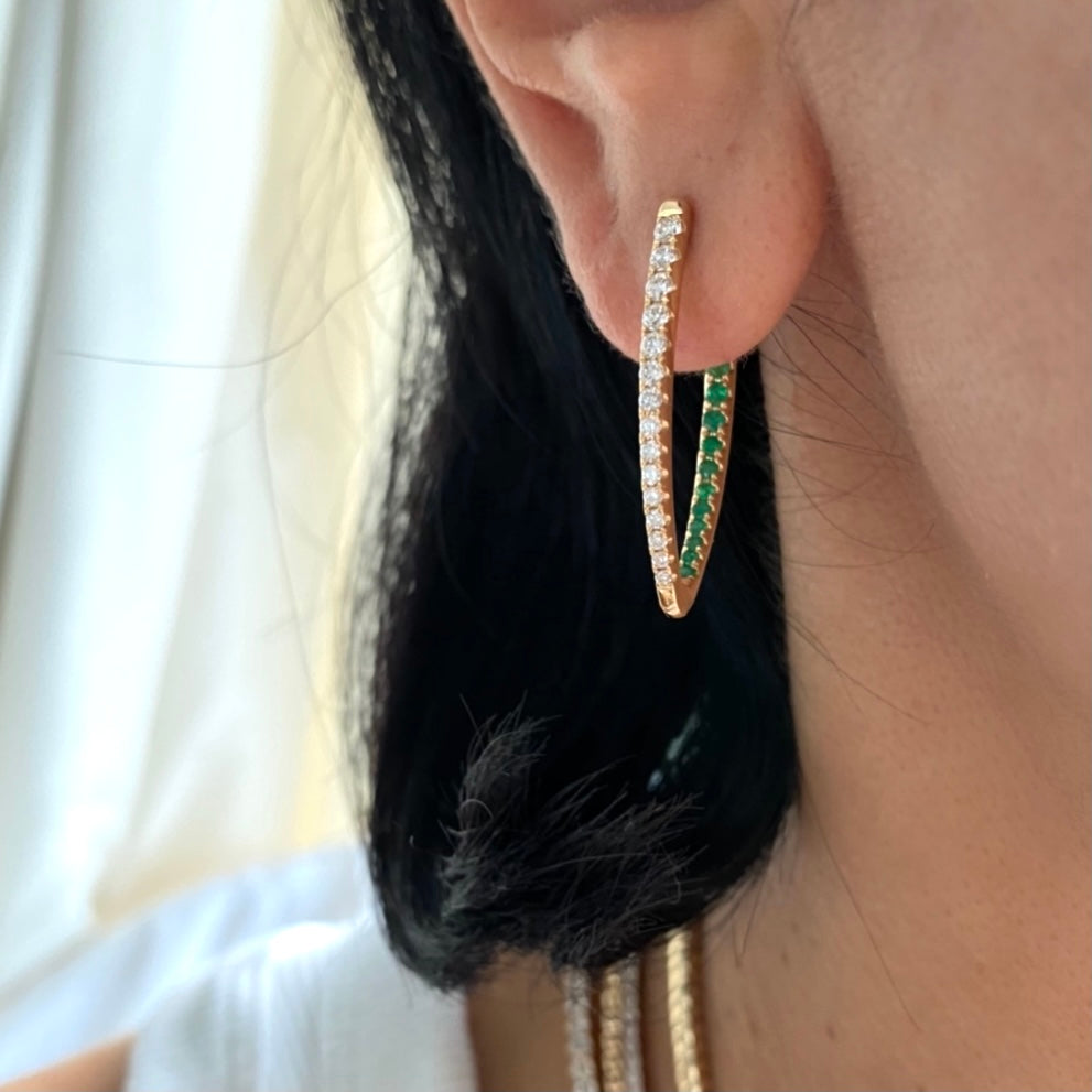 14KT Gold Diamond and Emerald Inside Out Hoop Earrings
