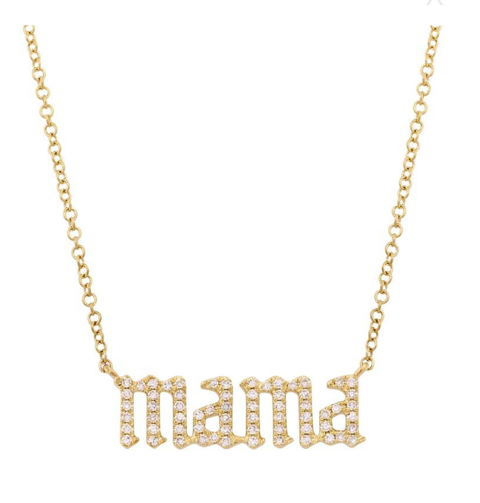 14KT Gold Diamond Old English font MAMA Necklace