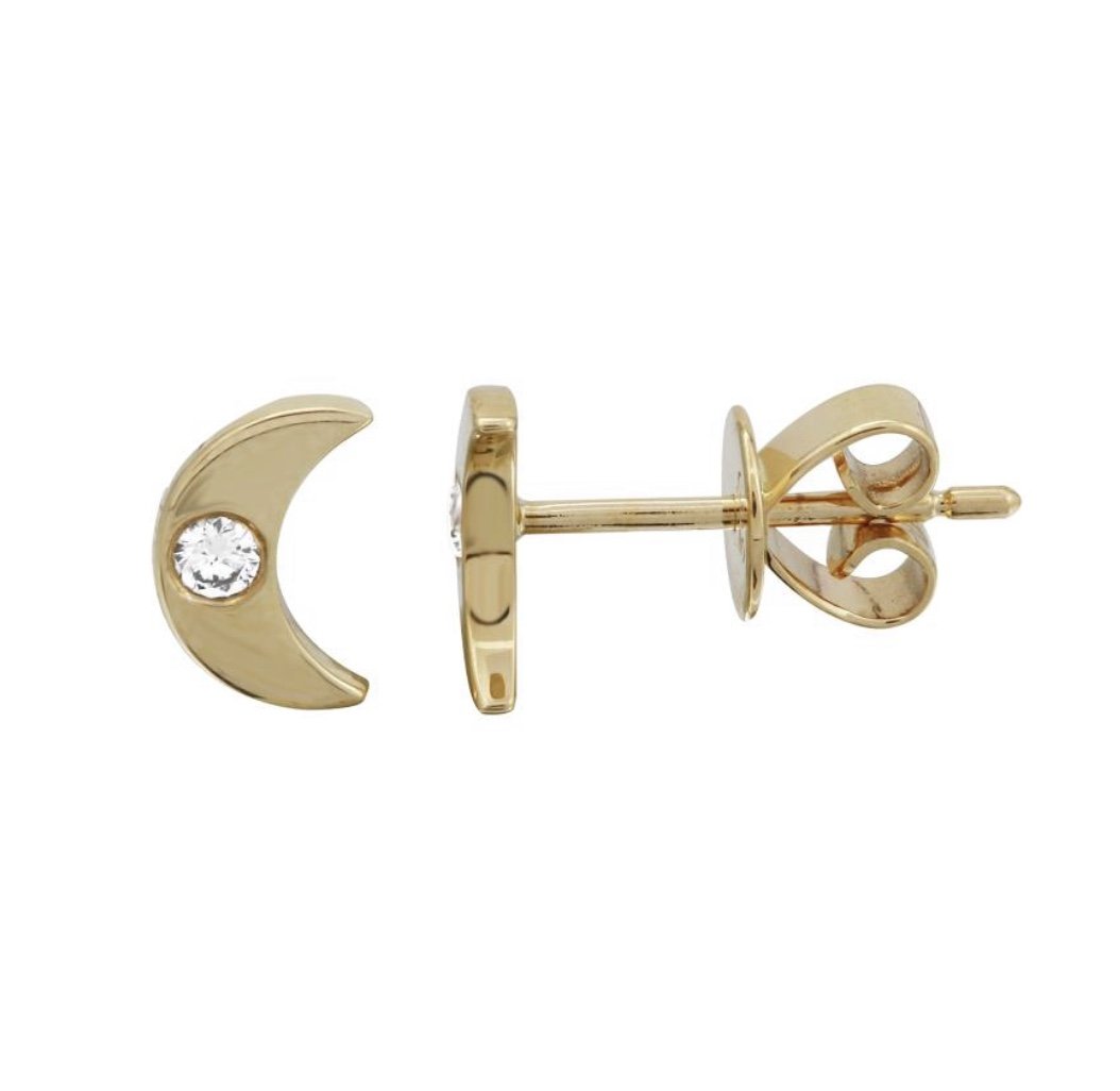 14KT Gold Diamond Mini Crescent Moon Stud Earrings