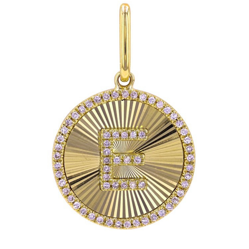 14KT Gold Diamond Small Disk Initial Charm Pendant