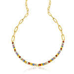 14KT Gold Gemstone Tennis on Paperclip Chain Necklace