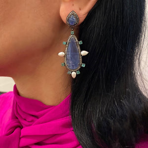 Black Rhodium Blue Kyanite, Emerald, Pearl, Diamond Statement Reki Earrings, SALE