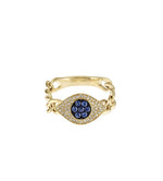 14KT Yellow Gold Diamond Sapphire Evil Eye Chain Ring - DilaraSaatci